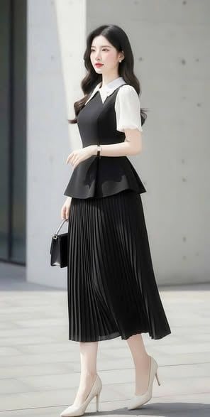 VGU2165 - SET ÁO PHỐI CỔ NHỌN ĐÍNH TAG, VÁY DÀI XẾP LY (ĐEN)