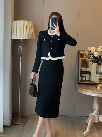 KS1742 - SET ÁO TAY DÀI VIỀN BÈO, VÁY DÀI (ĐEN)