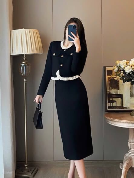 KS1742 - SET ÁO TAY DÀI VIỀN BÈO, VÁY DÀI (ĐEN)