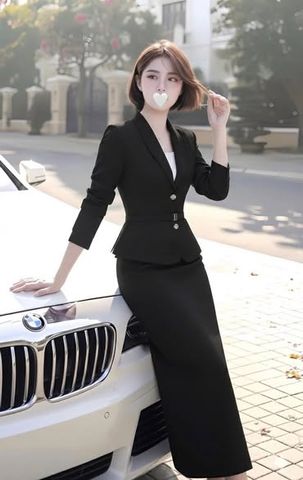 SHE4817 - SET VEST PHỐI NÚT, VÁY DÀI + DÂY (ĐEN) - KHÔNG KÈM ÁO TRONG