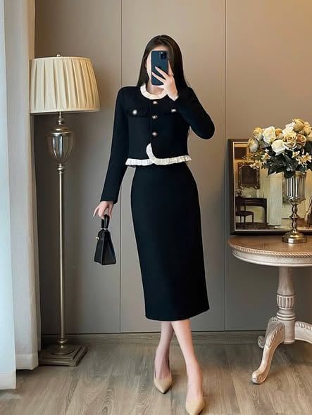 KS1742 - SET ÁO TAY DÀI VIỀN BÈO, VÁY DÀI (ĐEN)