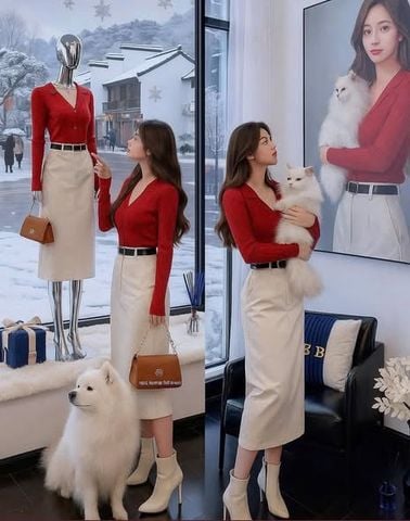 VGU2180 - SET ÁO THUN GÂN POLO, VÁY DÀI (ÁO ĐỎ) - KHÔNG KÈM NỊT