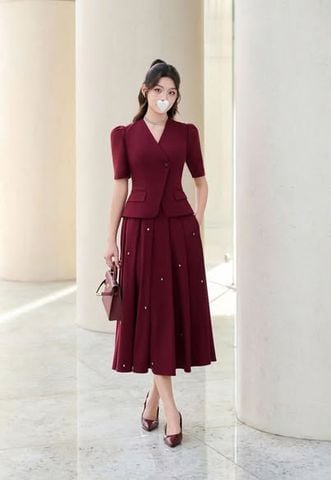 VGU2167 - SET CAO CẤP ÁO ĐẮP CHÉO, VÁY LY ĐÍNH ĐÁ (ĐỎ)