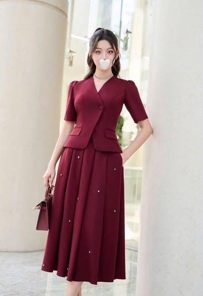 VGU2167 - SET CAO CẤP ÁO ĐẮP CHÉO, VÁY LY ĐÍNH ĐÁ (ĐỎ)