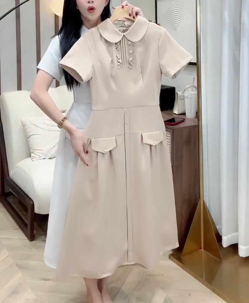 OAK0125 ĐẦM DÀI CỔ SEN PHỐI BÈO (NÂU)