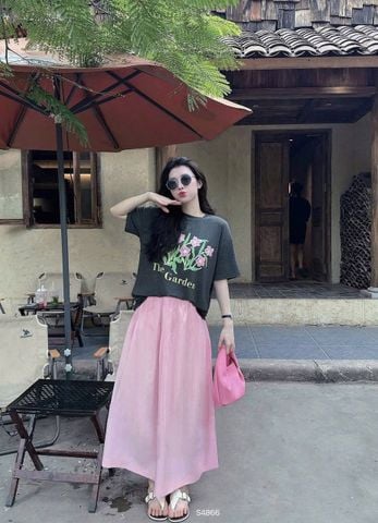 SKY8955 SET ÁO THUN IN BÔNG HOA, CV DÀI HỒNG
