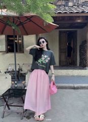 SKY8955 SET ÁO THUN IN BÔNG HOA, CV DÀI HỒNG