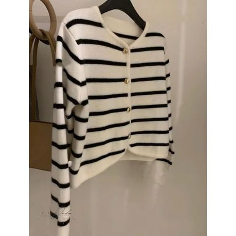 LEN4065 CARDIGAN LEN SỌC NÚT ĐỒNG (KEM)