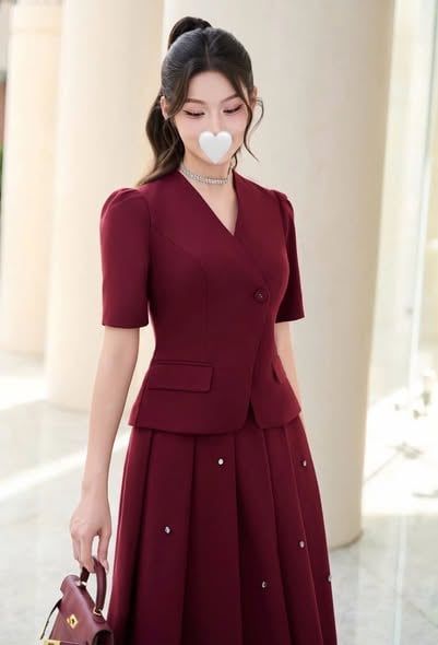 VGU2167 - SET CAO CẤP ÁO ĐẮP CHÉO, VÁY LY ĐÍNH ĐÁ (ĐỎ)