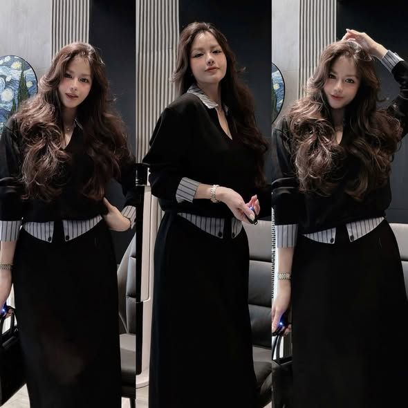 SKY5998 - SET ÁO TAY DÀI PHỐI SƠMI SỌC XANH, VÁY DÀI (XÁM)