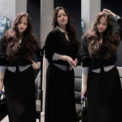 SKY5998 - SET ÁO TAY DÀI PHỐI SƠMI SỌC XANH, VÁY DÀI (XÁM)