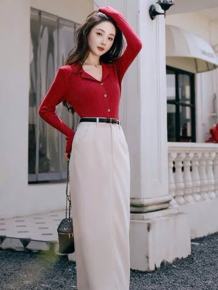 VGU2180 - SET ÁO THUN GÂN POLO, VÁY DÀI (ÁO ĐỎ) - KHÔNG KÈM NỊT