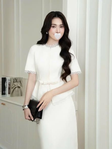 TB9821 - SET ÁO PEPLUM VIỀN REN THẮT NƠ EO, VÁY DÀI (HỒNG)