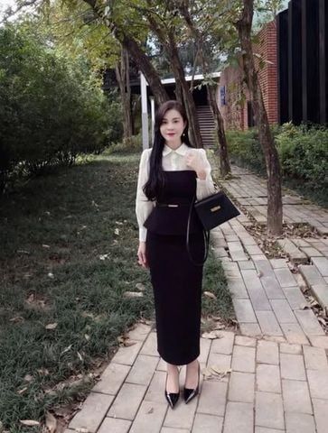 VGU2162 - SET ÁO CÚP NGỰC PHỐI SƠMI, VÁY DÀI (ĐEN) - KÈM NỊT