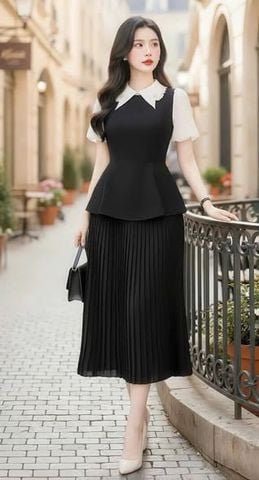VGU2165 - SET ÁO PHỐI CỔ NHỌN ĐÍNH TAG, VÁY DÀI XẾP LY (ĐEN)