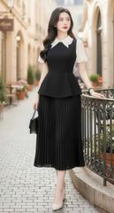 VGU2165 - SET ÁO PHỐI CỔ NHỌN ĐÍNH TAG, VÁY DÀI XẾP LY (ĐEN)