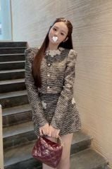 KS1737 - SET DẠ TWEED CAO CẤP ĐÍNH HOA (XÁM MUỐI TIÊU)