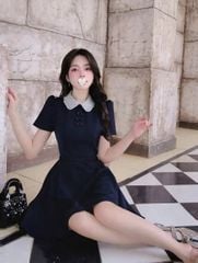 KS1764 - ĐẦM NGẮN NÚT BỌC PHỐI CỔ (XANH ĐEN)