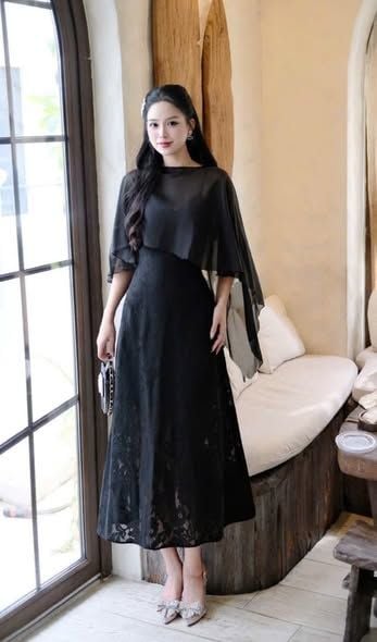 SKY9845 - ĐẦM REN 2DÂY KÈM CHOÀNG (ĐEN)