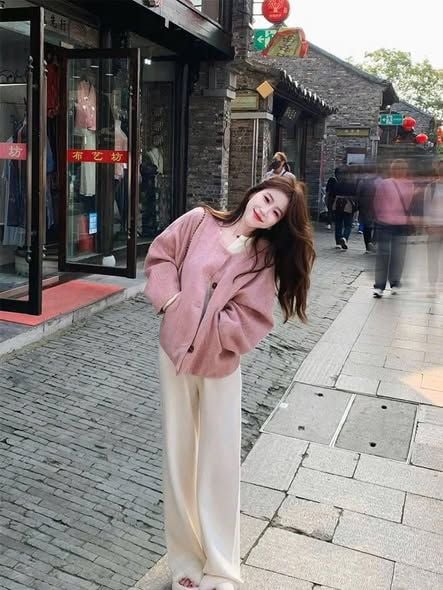 KS1768 - ÁO KHOÁC DẠ LÔNG PHỐI NÚT (HỒNG)