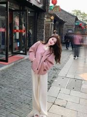 KS1768 - ÁO KHOÁC DẠ LÔNG PHỐI NÚT (HỒNG)