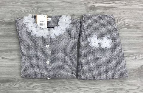 KS1737 - SET DẠ TWEED CAO CẤP ĐÍNH HOA (XÁM MUỐI TIÊU)