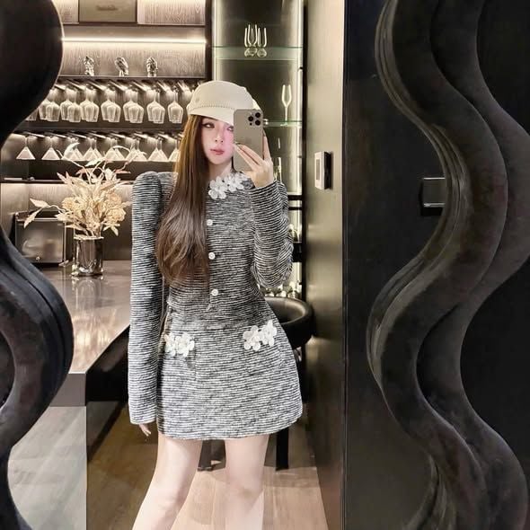 KS1737 - SET DẠ TWEED CAO CẤP ĐÍNH HOA (XÁM MUỐI TIÊU)