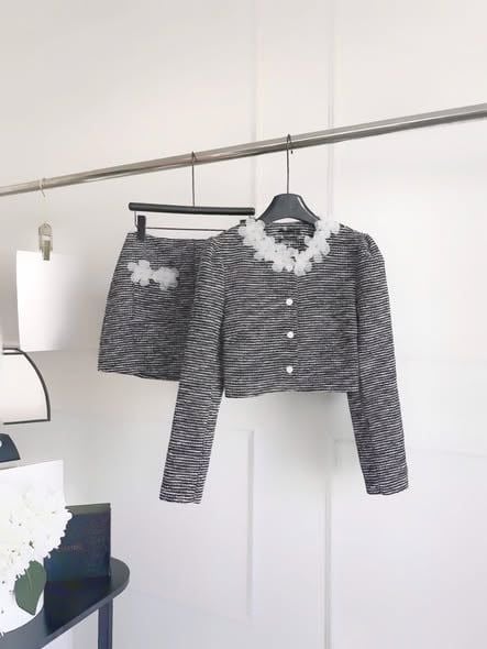 KS1737 - SET DẠ TWEED CAO CẤP ĐÍNH HOA (XÁM MUỐI TIÊU)