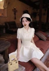 KS1765 - ĐẦM NGẮN NÚT BỌC PHỐI CỔ (KEM)