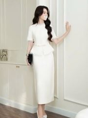 TB9820 - SET ÁO PEPLUM VIỀN REN THẮT NƠ EO, VÁY DÀI (KEM)