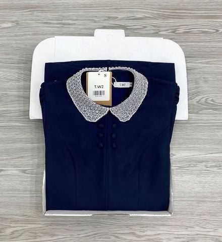 KS1764 - ĐẦM NGẮN NÚT BỌC PHỐI CỔ (XANH ĐEN)