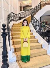 VGU2305 - SET ÁO DÀI VÀNG PHỐI NÚT TÀU, QUẦN GẤM XANH