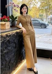 VGU2306 - SET ÁO PHỐI NÚT BỌC, QUẦN DÀI (NÂU ẢNH SÀN)