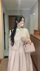 TB9869 - SET ÁO PHỐI NÚT KIỂU, VÁY DÀI XẾP LY (HỒNG) - KHÔNG KÈM SƠMI