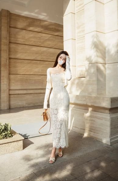 SKY9986 - SET ÁO KHOÁC + ĐẦM REN 2 DÂY (KEM)