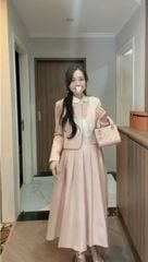 TB9869 - SET ÁO PHỐI NÚT KIỂU, VÁY DÀI XẾP LY (HỒNG) - KHÔNG KÈM SƠMI