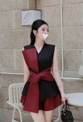 VGU2235 - SET ÁO PEPLUM ĐEN CỘT NƠ ĐỎ, QUẦN SHORT ĐỎ