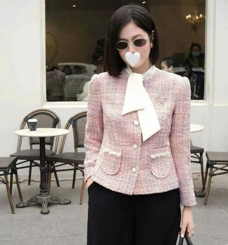VGU2308 - ÁO DẠ TWEED PHỐI CỔ KÈM TAG (CARO TÍM) - LẺ