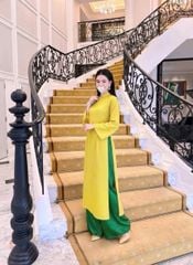 VGU2305 - SET ÁO DÀI VÀNG PHỐI NÚT TÀU, QUẦN GẤM XANH