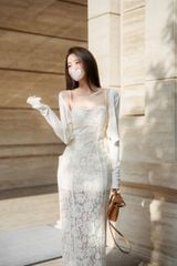 SKY9986 - SET ÁO KHOÁC + ĐẦM REN 2 DÂY (KEM)