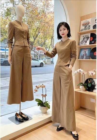 VGU2306 - SET ÁO PHỐI NÚT BỌC, QUẦN DÀI (NÂU ẢNH SÀN)