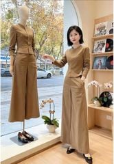 VGU2306 - SET ÁO PHỐI NÚT BỌC, QUẦN DÀI (NÂU ẢNH SÀN)