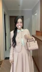 TB9869 - SET ÁO PHỐI NÚT KIỂU, VÁY DÀI XẾP LY (HỒNG) - KHÔNG KÈM SƠMI