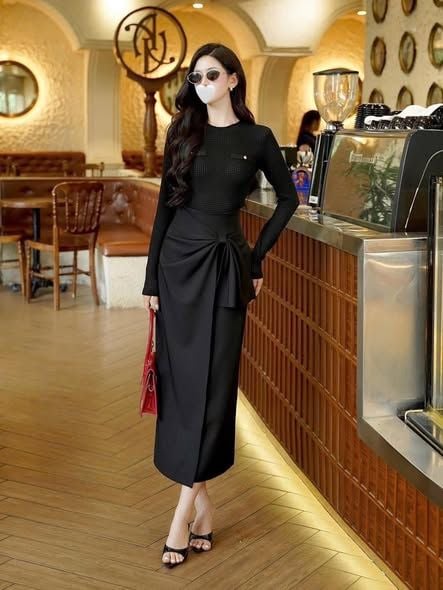 VGU2298 - SET ÁO LƯỚI TAY DÀI, VÁY DÀI ĐÍNH NƠ EO (ĐEN)