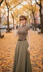 KS1818 - SET ÁO THUN CỔ LỌ, VÁY DÀI - KÈM NỊT (NÂU)