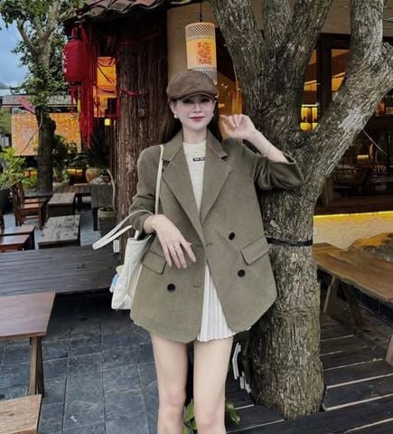 KS1821 - ÁO KHOÁC DẠ PHỐI NÚT (NÂU)