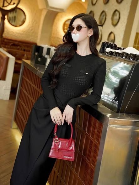 VGU2298 - SET ÁO LƯỚI TAY DÀI, VÁY DÀI ĐÍNH NƠ EO (ĐEN)