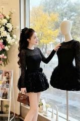 VGU2301 - ĐẦM REN NGẮN PHỐI HOA (ĐEN) - KÈM QUẦN BH