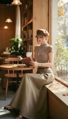 KS1818 - SET ÁO THUN CỔ LỌ, VÁY DÀI - KÈM NỊT (NÂU)