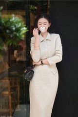 VGU2266 - SET ÁO PHỐI NÚT BỌC, VÁY DÀI (BE)